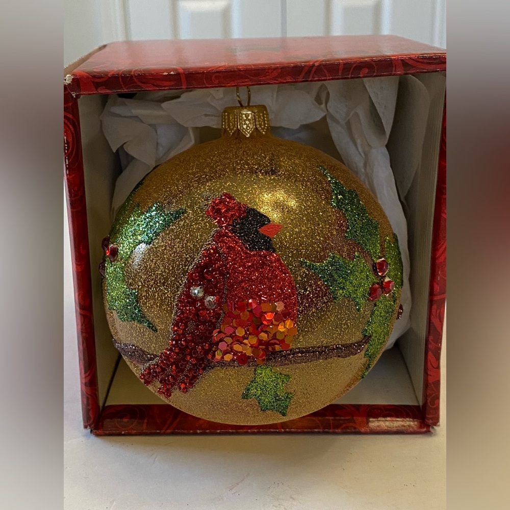Vintage Glittery Red Gold Cardinal Christmas Ornament Green Holly Berries  4”